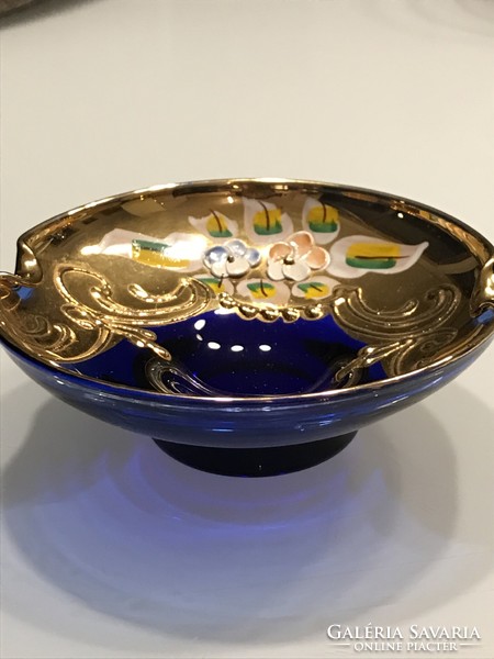 Cobalt blue Czech glass ashtray or ring tray with porcelain flowers, rich gilding
