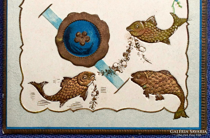 Antik dombornyomott üdvözlő képeslap aranyhal pecsét horgony nefelejcs
