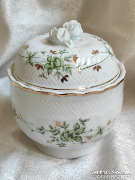 Beautiful rose button decorated with green flowers and gold contoured porcelain bonbonier from Raven House