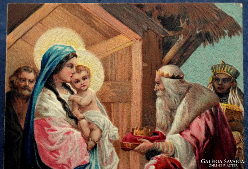 Antik dombornyomott Karácsonyi üdvözlő képeslap Szent Család 3 király ajándéka