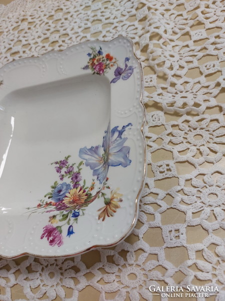 Zsolnay porcelain serving bowl with beaded edge, beautiful floral pattern, golden edge