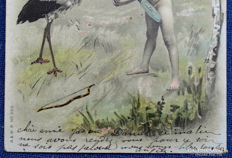 Antik A&M B üdvözlő litho képeslap puttó és gólya