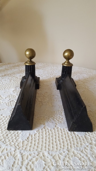 Antique fireplace iron, cast iron fire dogs with brass decoration