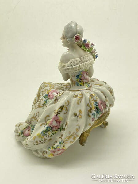 Antik olasz porcelán hölgy virágokkal Luigi Fabris c1900 14cm