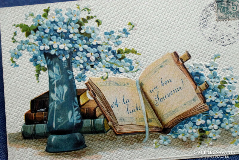 Antique embossed litho greeting card still life with book in forget-me-not vase