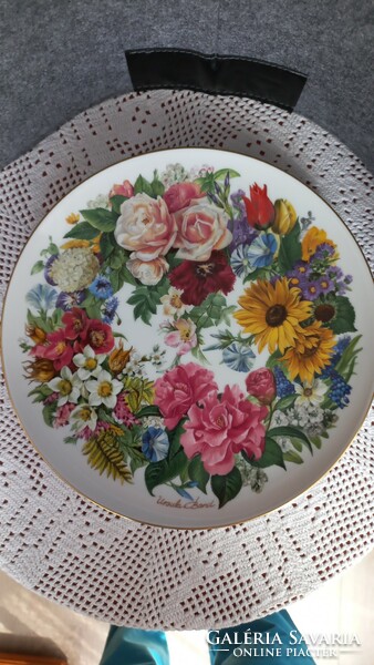 Vintage csodaszép Ursula Band porcelán virágos falitányér, hibátlan, átm.:26 cm, széle aranyozott