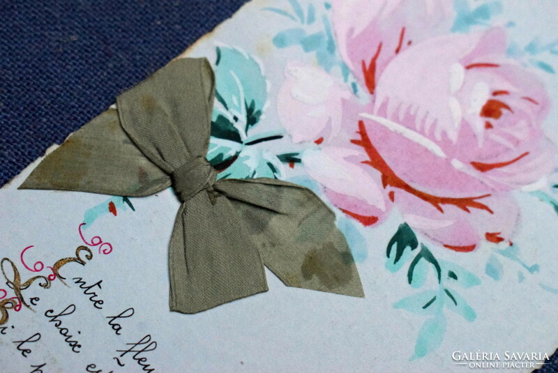 Antique hand painted greeting card with silk ribbon