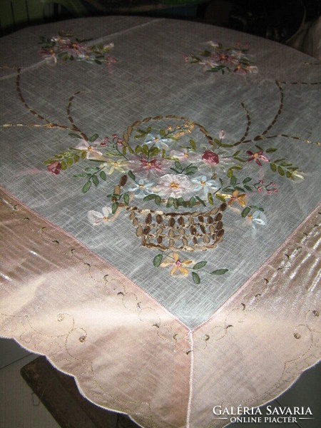 Fabulous handmade ribbon embroidered special flower basket tablecloth