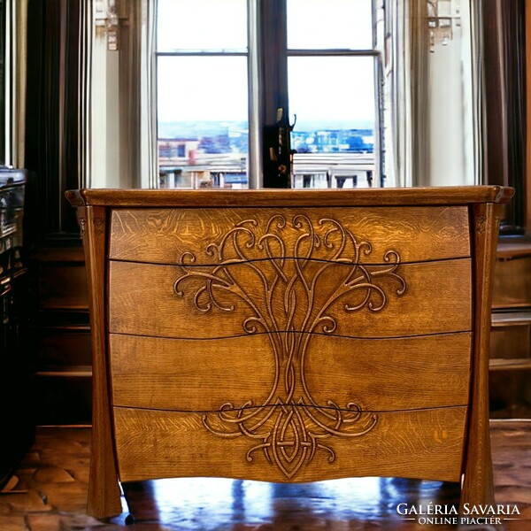 Oak chest of drawers - with Celtic tree of life decoration, 4 drawers, new, numbered