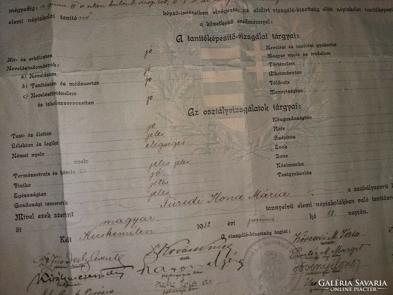 Antik 1932 KECSKEMÉT Füredi Ilona Mária Tanítói diploma okirat oklevél a képek szerint