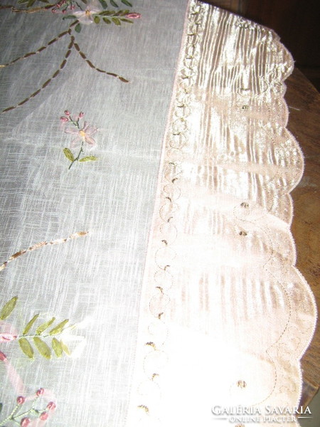 Fabulous handmade ribbon embroidered special flower basket tablecloth