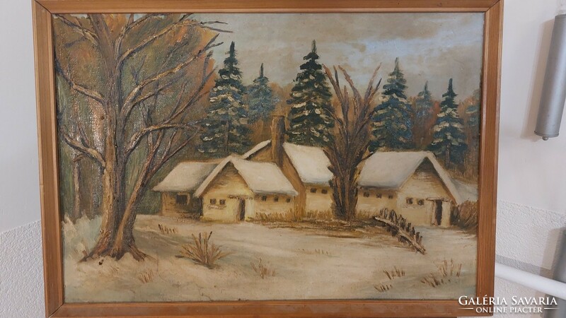 (K) Szép téli tájképfestmény tanyával 62x43 cm kerettel
