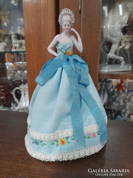 Early 1900s, German, Germany, tea doll, original hand-painted, embroidered lady in marked dress. 20 Cm.