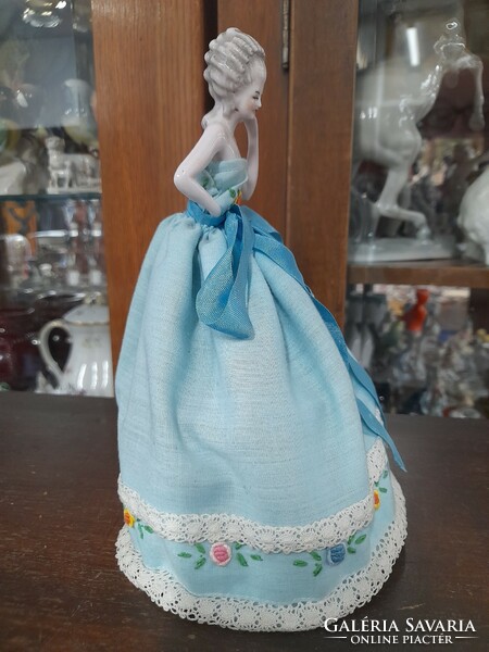 Early 1900s, German, Germany, tea doll, original hand-painted, embroidered lady in marked dress. 20 Cm.
