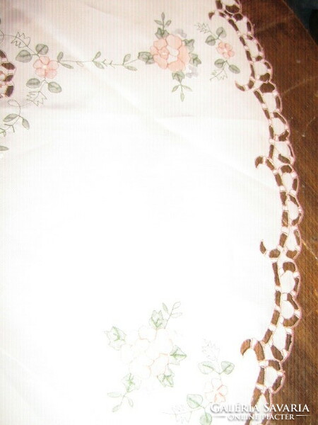 Beautiful vintage cut with sewn on pink round tablecloth