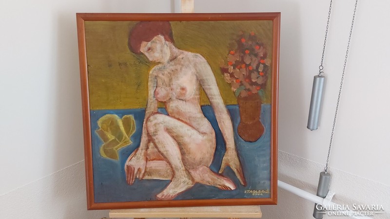 (K) Zoltán Stadler female nude painting 64x64 cm with frame