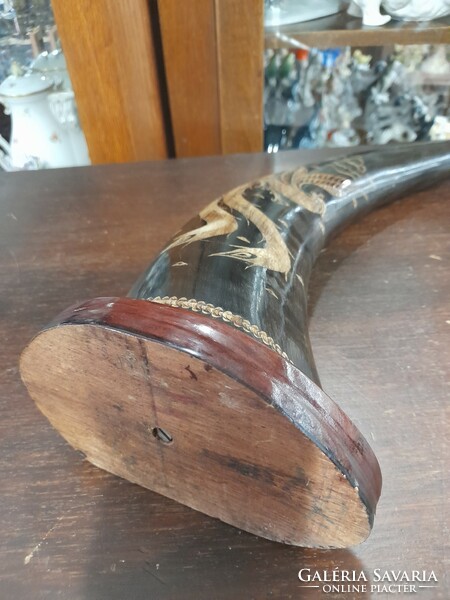 Large carved horn with a bird pattern on a wooden plinth. 42 Cm.