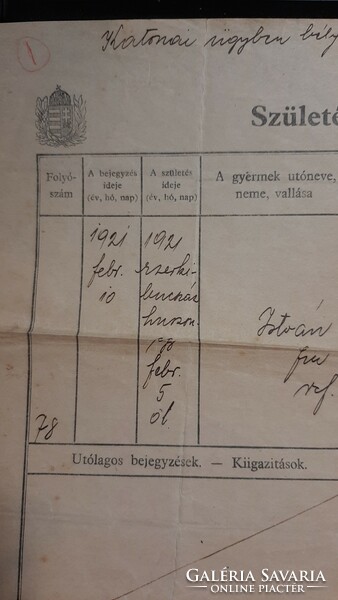 Születési anyakönyvi kivonat Karcag 1921 es bejegyzésekkel 1941 es kiadással