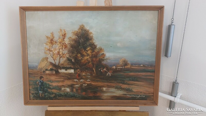 (K) Szép szignózott tanyasi életkép festmény 73x53 cm kerettel