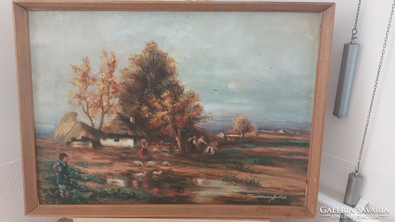 (K) Szép szignózott tanyasi életkép festmény 73x53 cm kerettel