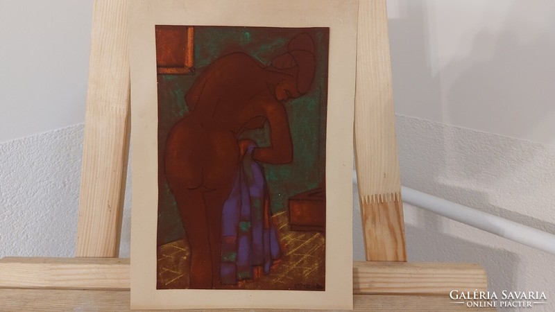 (K) towel nude signed cubist painting 25.5x35 cm with frame