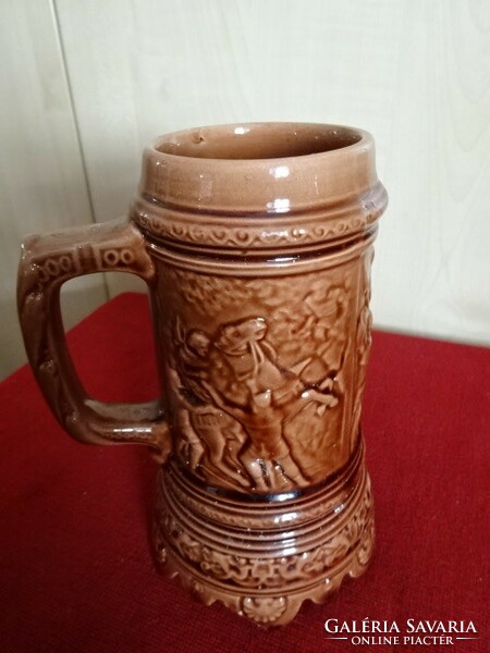 Hungarian glazed ceramic jug with a scene on the side. Jokai.
