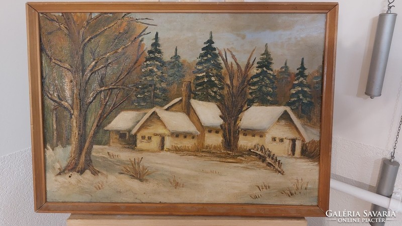 (K) beautiful winter landscape painting with farm 62x43 cm frame