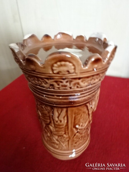 Hungarian glazed ceramic jug with a scene on the side. Jokai.