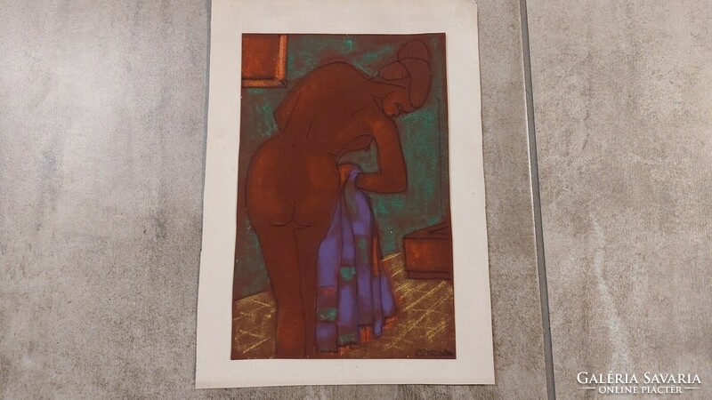 (K) towel nude signed cubist painting 25.5x35 cm with frame