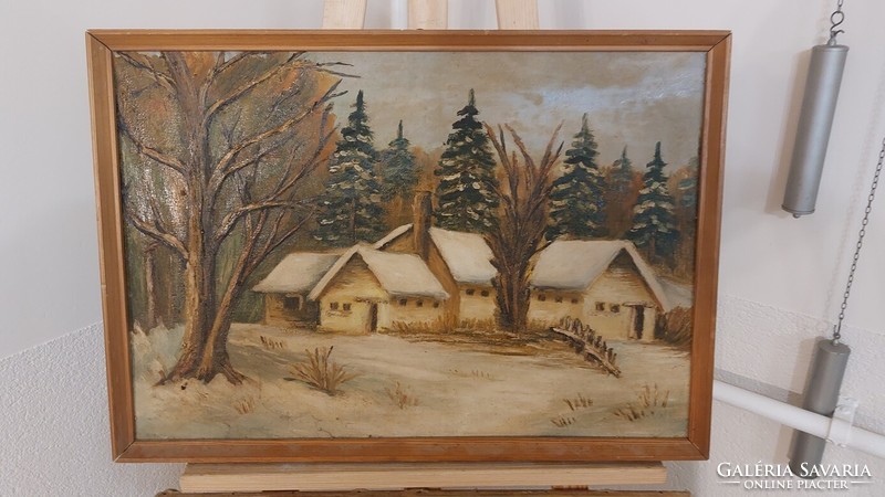 (K) Szép téli tájképfestmény tanyával 62x43 cm kerettel