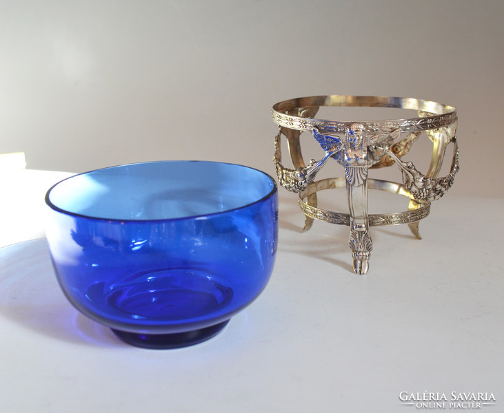 Ezüst empire stílusú kék üveges kínáló