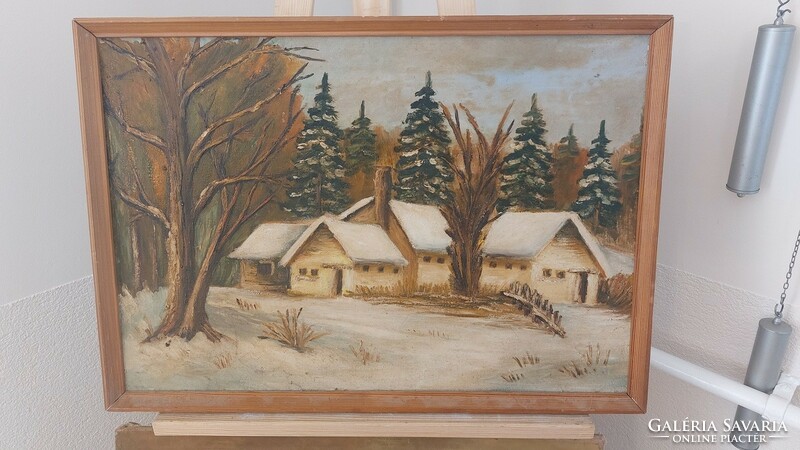 (K) beautiful winter landscape painting with farm 62x43 cm frame