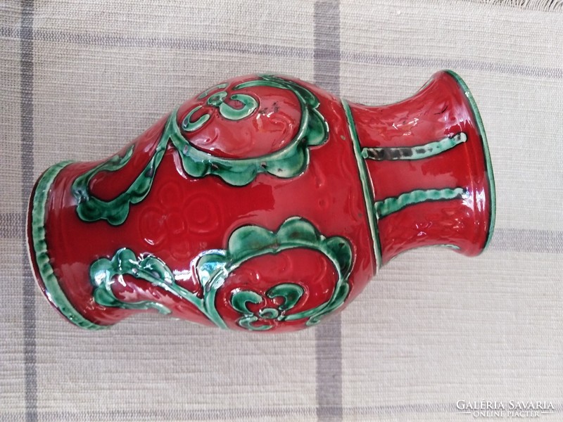 Coral red, ceramic vase - in folk dress