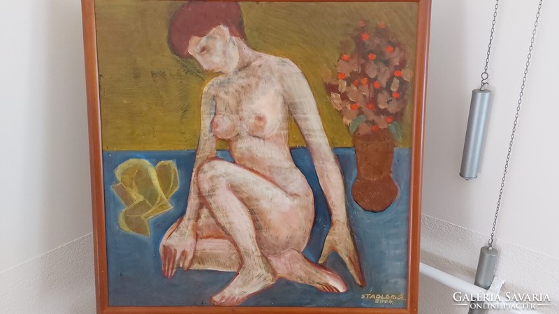 (K) Zoltán Stadler female nude painting 64x64 cm with frame