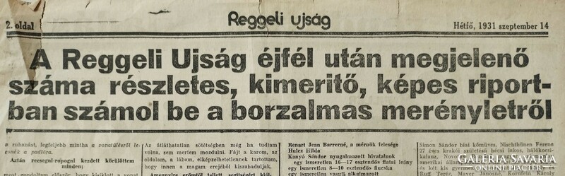 Biatorbágyi merénylet 1931 szeptember 14  /  Reggeli Ujság  /  Ssz.:  RU614