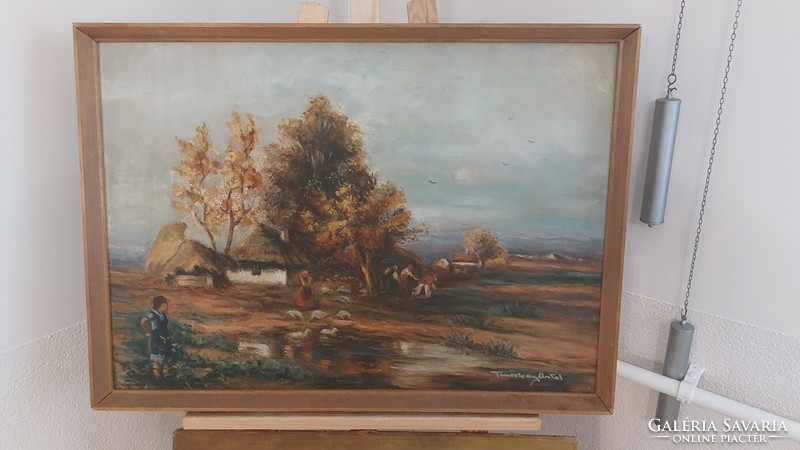 (K) beautiful signed painting of farm life with frame 73x53 cm