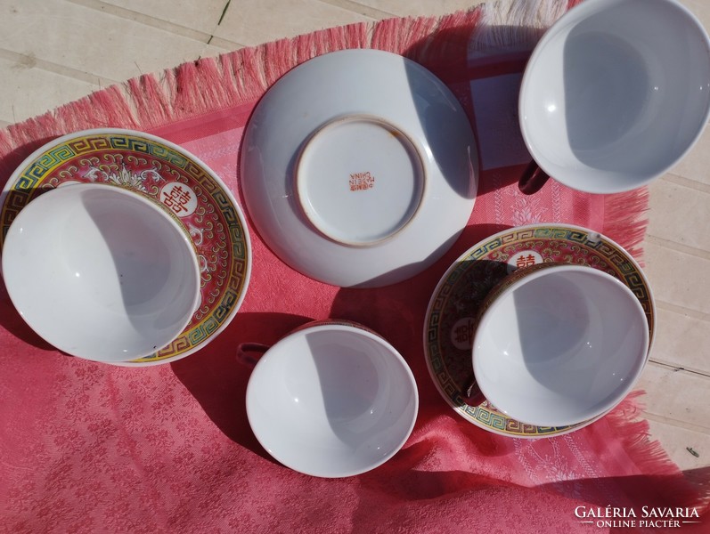 Famille Rose , kínai porcelán kávés csésze aljjal (4+3 db.)