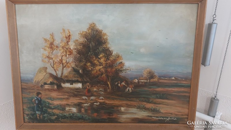 (K) Szép szignózott tanyasi életkép festmény 73x53 cm kerettel