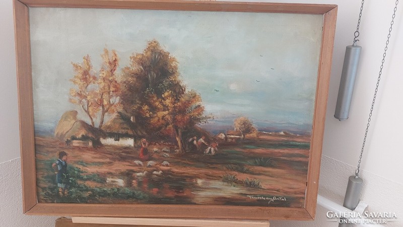 (K) Szép szignózott tanyasi életkép festmény 73x53 cm kerettel