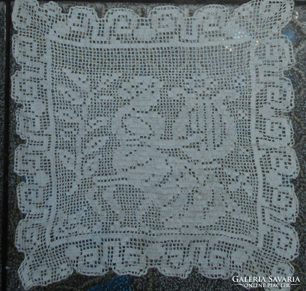 --Antique small lace tablecloth with detailed hand crochet.
