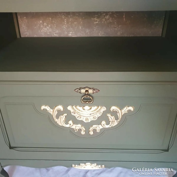 Olive green gold neo-baroque chest of drawers