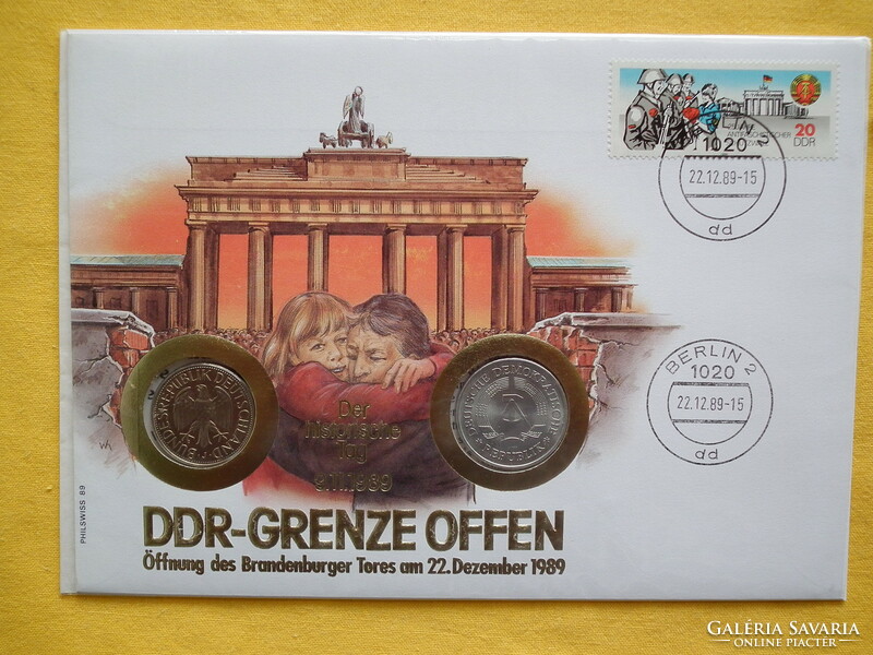 Érmés boríték "DDR-Grenze offen" az NDK határ megnyitásának emlékére 2 érmével