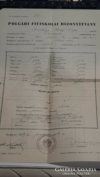 Civil school certificate for boys, 1937