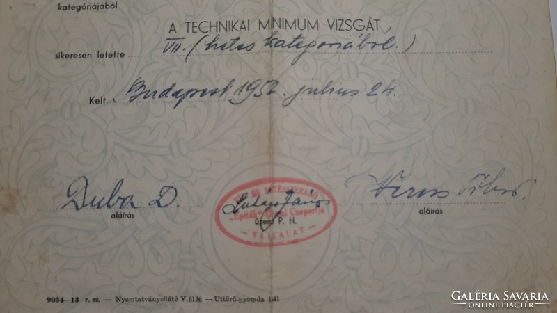 Rákosi címeres technikai minimum vizsgabizonyítvány 1952-ből