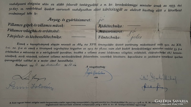 Final certificate m.Kir.All. Mechanical and electrical engineering school 1944