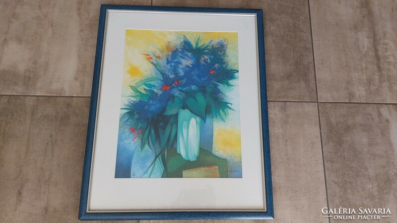 (K) Gyönyörű virágcsendélet nyomat Claude Gaveau 60x76 cm kerettel