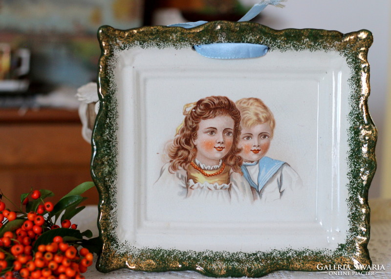 Antique faience wall plate, wall bowl, child portrait, boy and girl couple portrait