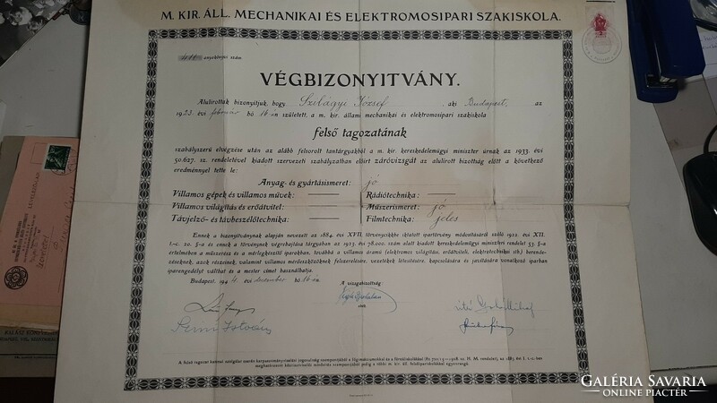 Végbizonyitvány M.KIR.ÁLL. Mechanikai és Elektromosipari Szakiskola 1944