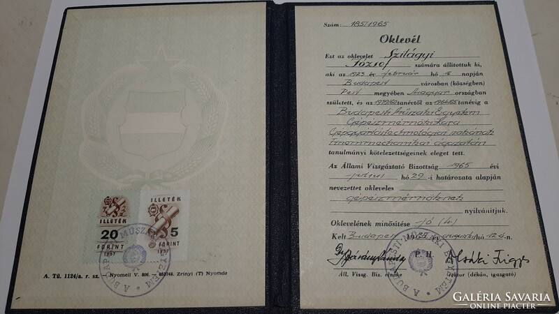 Diploma, Faculty of Mechanical Engineering, Budapest Technical University, 1965
