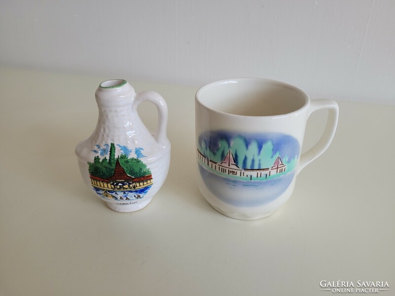 Retro old Harkány Harkány spa souvenir pitcher and granite mug